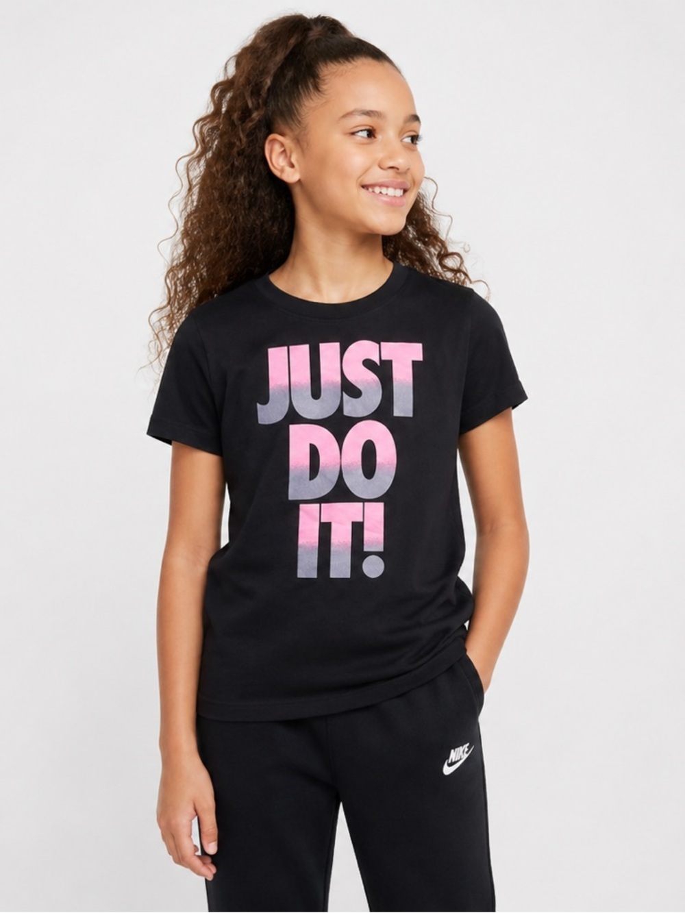 Nike Kids “Just Do It” Graphic Tee Black Pink Gradient Youth Size L